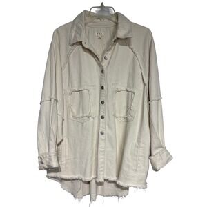 POL Ivory Denim Jacket Frayed Raw Hem Star Applique Oversized Shacket‎ L